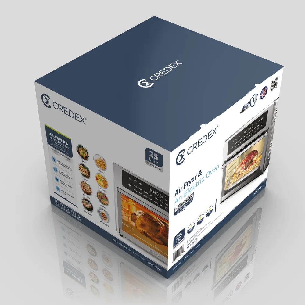 CredeX retail packaging — navy ComboMax air-fryer oven box